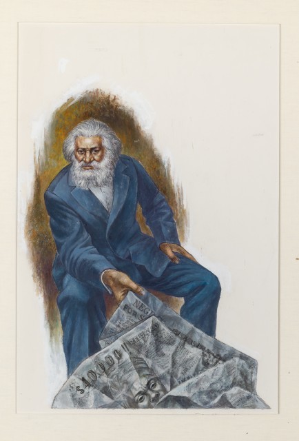Charles White, Freedom Soldiers (Frederick Douglass with Wanted Poster), 1965. Gouache and watercolor on illustration board. Est. $50,000-70,000. Auction May 17, 2023.