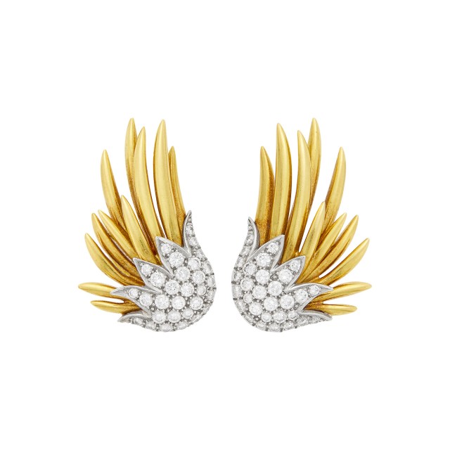 Tiffany and Co., Schlumberger Pair of Gold, Platinum and Diamond 'Flame' Earclips. Est. $6,000-8,000. Lot 134. Auction June 22. 